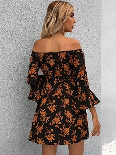 Womens Off Shoulder Ruffle Floral Summer Wedding Guest Dresses A Line Shift Short Skater Dress with Belt