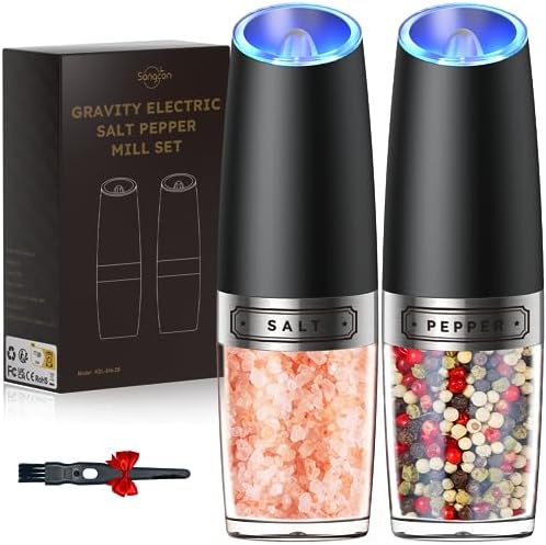 Sangcon Gravity Electric Salt and Pepper Grinder Set Automatic Shakers Mill Grinder with LED Light, BATTERY POWERED Adjustable Coarseness One Hand Operation, Upgraded Larger Capacity