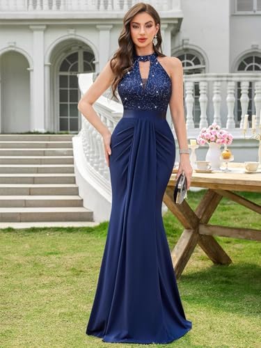 Miusol Womens Elegant Halter V-Neck Lace Sequin Pleated Formal Evening Maxi Dress