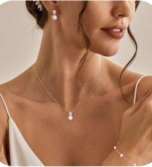 Voduim Jewelry Sets for Women,Dainty 14k Gold Plated Pearl Earrings Necklace Bracelet Fashion Silver Bridal Jewelry accessories SimpleWedding Jewelry Sets for Brides