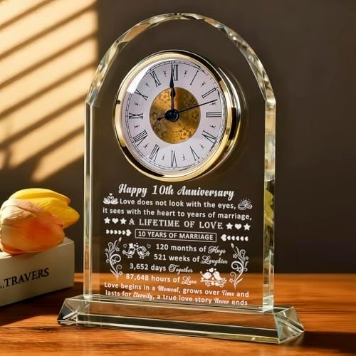 10 Year Anniversary Clock Gifts for Him Her, 10th Anniversary Romantic Gifts for Couple, Ten Year Anniversary Wedding Gifts for Wife Husband Women Men, 10 Years of Marriage Gifts