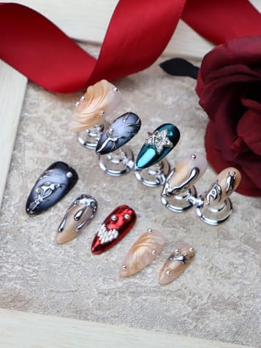 RDNTBEU Press on Nails Beach Medium Almond 3D Fake Nails Reusable Luxury Handmade False Nails with Design Pearl Heart Solid Star,Press ons Muti-Layer Acrylic Handmade Nails for Wome Manicure(Size M)