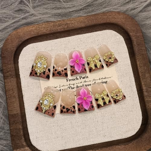 TENPAL Duckbill Nails,Brown Leopard French Tips Press on Nails with Kit,Soft Gel Fake Nails with 3D Charms Hearts Bows Flowers,Metallic Edgy Punk Y2K False Nail with Rhinestone for Winter Fall(S)