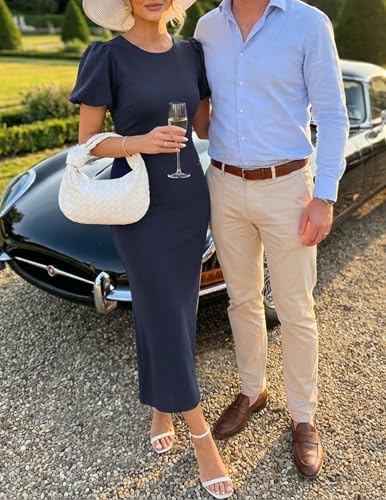 ZESICA Womens Summer Short Sleeve Bodycon Midi Dress 2026 Spring Elegant Formal Wedding Guest Cocktail Party Dresses