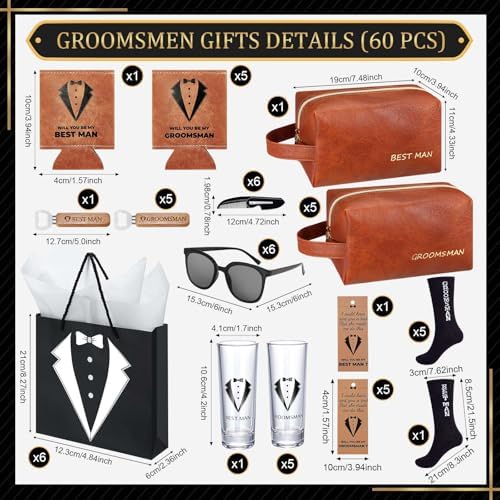 60Pcs Groomsmen Gifts Groomsmen Proposal Box with Shot Glasses Socks Sunglasses PU Leather Toiletry Bag Bottle Opener Can Cooler Groomsman Gifts for Wedding Groomsmen Best Man Gift (60, Brown)