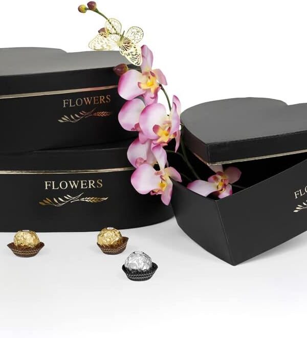 UNIKPACKAGING Set of 3, Heart Shaped Flower/Gift Boxes (Black)