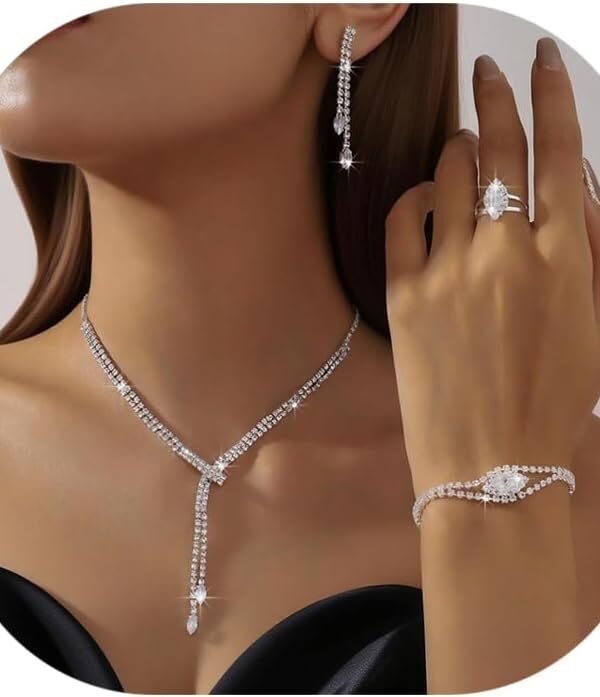 4 Pieces Cubic Zirconia Wedding Jewelry Sets for Bride Rhinestone Bridal Jewelry Set Necklace Bracelet Earring Ring for Brides Bridesmaid for Wedding Party