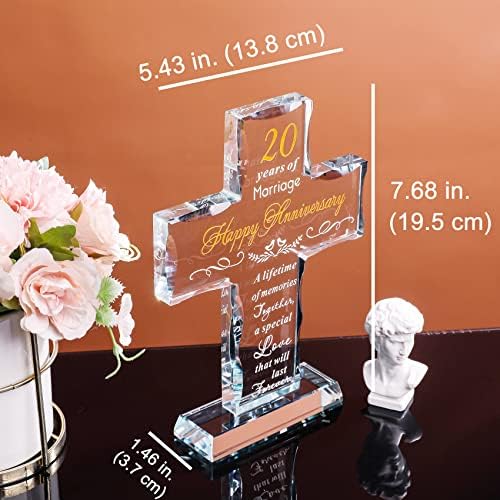 YWHL 20th Anniversary Religious Gifts for Couple, Laser Engraved Glass Standing Cross Keepsake for Him, 20 Years Wedding Anniversary Cross Gifts for Her