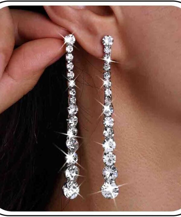 Wedding Long Rhinestone Earrings Silver Crystal Dangle Earring Dainty Diamond Cubic Zirconia Bridal Drop Sparkly Tassel Cz Brides Stud Simple Shiny Statement Formal Bridesmaid Party Prom Jewelry Women