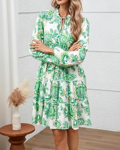 BTFBM Women Fall Dresses 2025 Floral V Neck Long Sleeve Tiered Ruffle Boho Swing Flowy A-Line Mini Dresses Vacation