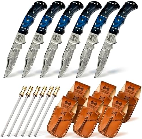 Set of 6 – Personalized Damascus Pocket Knife for Groomsmen -With Leather Sheaths – Custom Engraved Pocket Knives | Groomsman Gifts for Wedding, Groomsmen Proposal Gifts