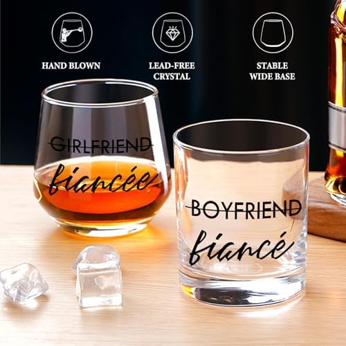 Engagement Gifts for Couples, 10 oz Whiskey and 12 oz Wine Glass Set, Newly Engaged Fiancee & Fiance Gifts for Women, Fade-Resistant, Beautiful Packaging, Proposal Decorations & She Said Yes Present