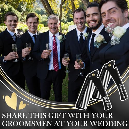 6 Pcs Groomsmen Gifts Folding Beard Comb for Men with Opener Groomsmen Gift Set of 6 Best Man Proposal Gift Combs Hair Mustache for Wedding Party Favor Grooming Detangling(Stainless Steel,Black)