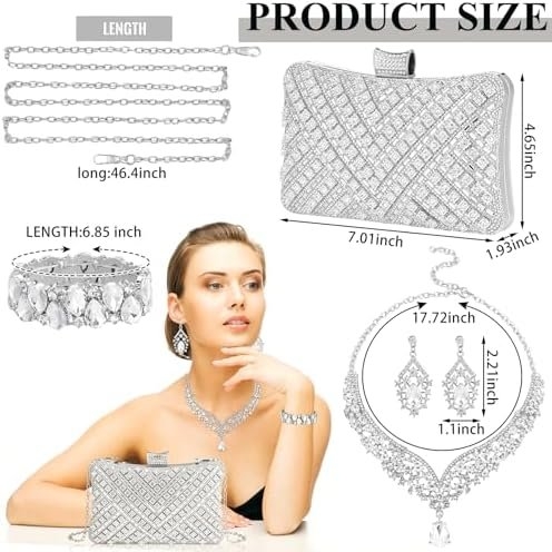 Quelay 4 Pcs Purse Rhinestone Jewelry Set for Wedding Bridal Women Handbag with Necklace Bracelet Dangle Earrings