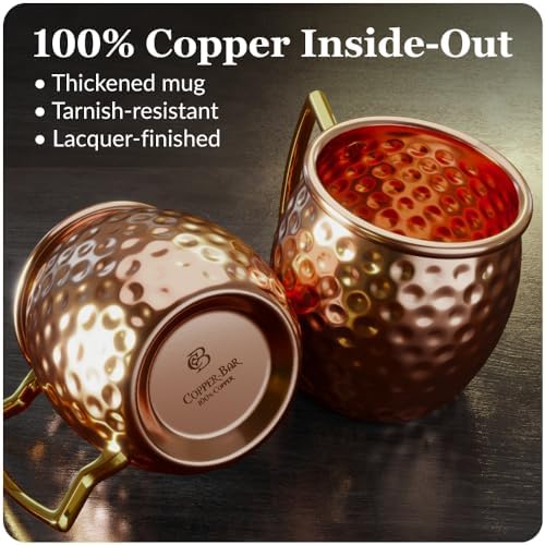 COPPER-BAR Moscow Mule Copper Mugs – Unique HANDCRAFTED Gift Set of 2, Hammered by Artisan, 100% Pure Solid Copper Cups 16oz for Drinking Water & Cocktails, Include 13 Pcs accessories & Special Opener