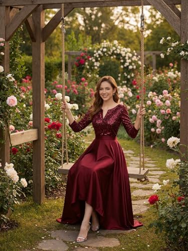 Long Sleeves Mother of The Bride Dresses for Women Sequin Satin V-Neck Hi-Lo Formal Wedding Guest Gown with Pockets