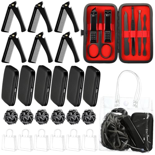 6 Sets Baby Shower Game Gifts for Winners Men Proposal Groomsmen Gifts Include Manicure Set Tote Bag Beard Comb Black Bath Loofah Baby Shower Favors Prizes for Guests Husband Father