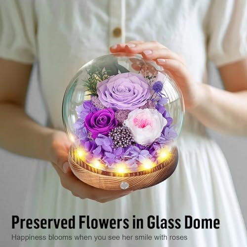 MAMAMIKO Preserved Roses in Glass Dome with LED Light – Long Lasting Real Roses, Forever Flowers for Delivery, Mothers Gifts for Her, Mom, Wife Anniversary Birthday Gifts for Women, Purple