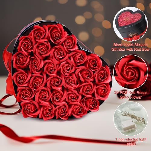 HyeFlora 30pcs Fake Red Roses in a Heart Shape Box, Fake Roses Artificial Flowers Forever Roses Gifts Box for Her Wife Girlfriends for Mom Women Grandma Birthday