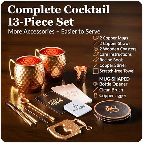 COPPER-BAR Moscow Mule Copper Mugs – Unique HANDCRAFTED Gift Set of 2, Hammered by Artisan, 100% Pure Solid Copper Cups 16oz for Drinking Water & Cocktails, Include 13 Pcs accessories & Special Opener