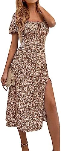 SPRIME Womens Floral Summer Casual Dress Square Neck Puff Sleeve Boho Midi Dresses Ruched Bust High Waist Split Long Dress