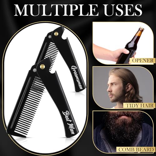 6 Pcs Groomsmen Gifts Folding Beard Comb for Men with Opener Groomsmen Gift Set of 6 Best Man Proposal Gift Combs Hair Mustache for Wedding Party Favor Grooming Detangling(Stainless Steel,Black)