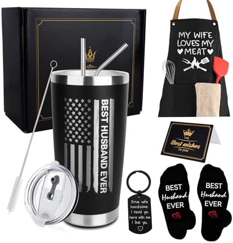 CAKKA Gifts for Husband, 8PCS Husband Birthday Gift Set Includes Tumbler Straw Apron Socks Key Chain, Best Ever Husband Christmas Gifts from Wife for Valentines Day Anniversary Birthday Christmas