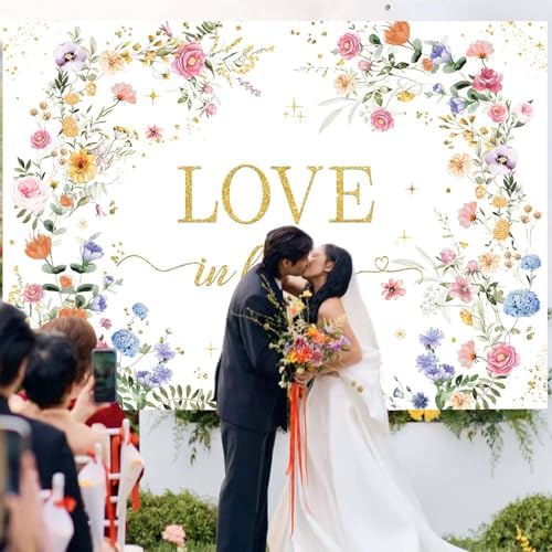 MEHOFOND Love in Bloom Bridal Shower Decorations Backdrop, Wildflower Wedding Shower Background, Spring Floral Engagement Wedding Bachelorette Party Decor Supplies Photo Booth Props 7x5ft