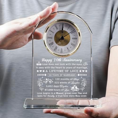 10 Year Anniversary Clock Gifts for Him Her, 10th Anniversary Romantic Gifts for Couple, Ten Year Anniversary Wedding Gifts for Wife Husband Women Men, 10 Years of Marriage Gifts