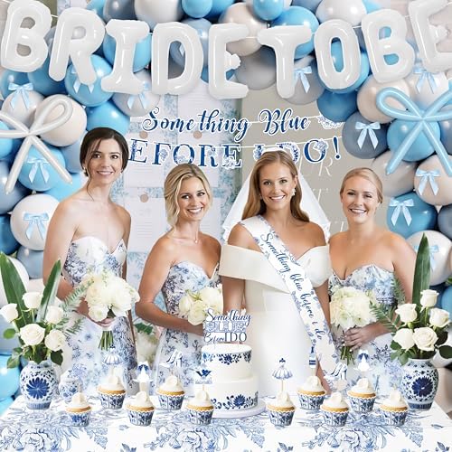 Something Blue Before I Do Bridal Shower Decorations,127 PCS Blue Bachelorette Party Decorations with Coquette Bow Balloon Arch Kit Floral Backdrop Tablecloth Banner Garland Cake Topper Veil
