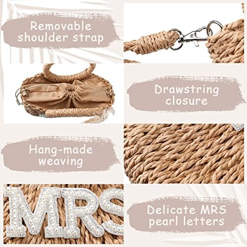 Pinkunn Bride Gift Bride Straw Purse Mrs Handwoven Bag Rhinestone Letter Bag Bachelorette Honeymoon Wedding Bridal Shower