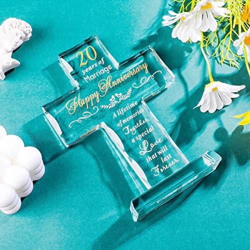 YWHL 20th Anniversary Religious Gifts for Couple, Laser Engraved Glass Standing Cross Keepsake for Him, 20 Years Wedding Anniversary Cross Gifts for Her