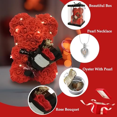 Romantic Valentines Day Gift For Her Artificial Flower Rose Teddy Bear With Preserved Flowers Bouquet And Blind Box Pearl Necklace Birthday Gift For Wife Girlfriend Mom Women Mothers Day Home Decor