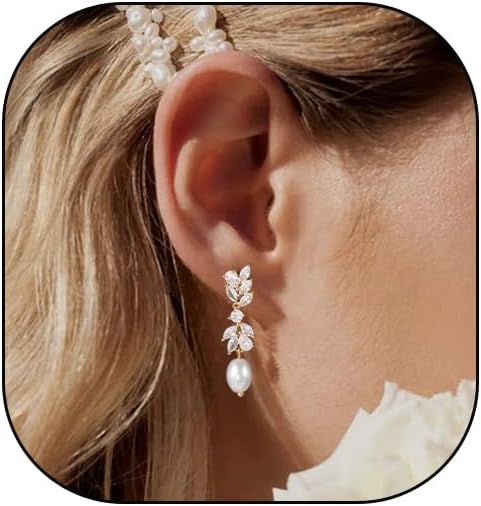 Pearl Drop Earrings for women, Dainty Bride Earrings for Wedding, Lightweight Hypoallergenic Pearl and Diamond Earring Fashion Jewelry Gift