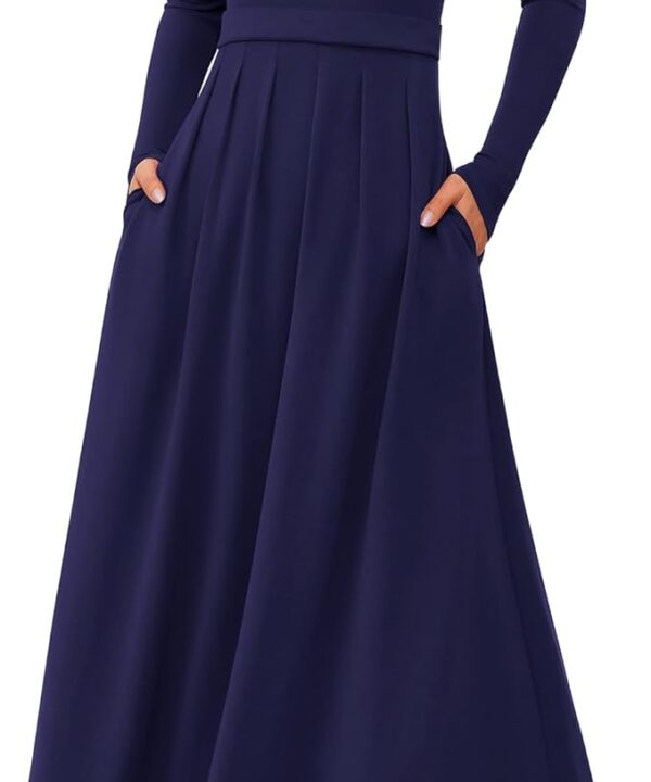 BTFBM Long Sleeve Dress for Women Spring Clothes 2026 Pockets Business Casual Pleated Fall Wedding Guest Dresses