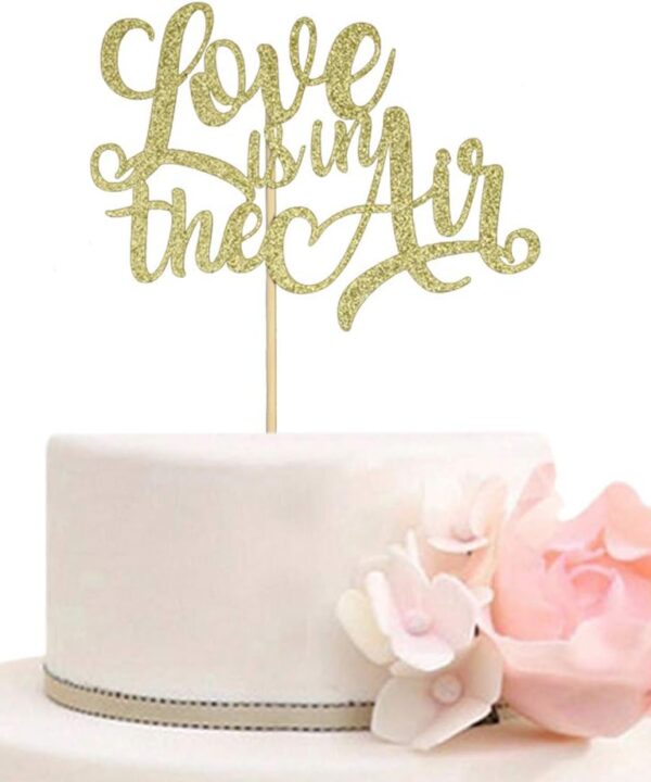 Love is In the Air Cake Topper for Wedding Bridal Shower Engagement Bachelorette Party Decorations, Gold Glitter
