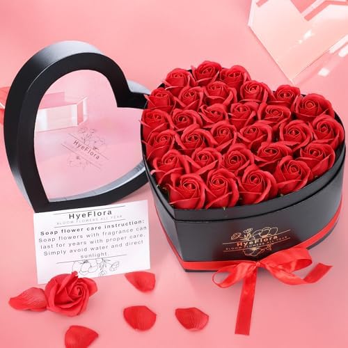 HyeFlora 30pcs Fake Red Roses in a Heart Shape Box, Fake Roses Artificial Flowers Forever Roses Gifts Box for Her Wife Girlfriends for Mom Women Grandma Birthday