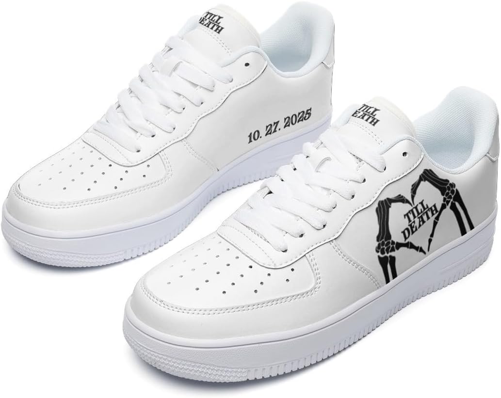 Bride Till Death Collection Low-Top Sneakers, Personalized Bride and Groom Black or White Sneakers for Wedding Day, Wedding Pictures or Honeymoon, Custom Skeleton Heart Design