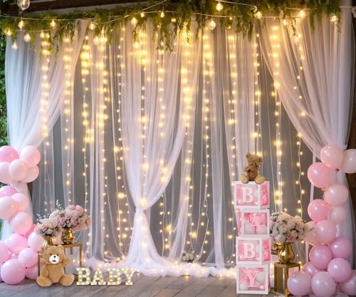 White Tulle Backdrop Curtain with Lights String for Parites 108ft Sheer Backdrop Curtains White Curtain Backdrop for Wedding Baby Shower Birthday Party Photo Shoot Decorations(2 Panels 10ft8ft)