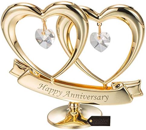 Matashi 24K Gold Plated Anniversary Heart Sculpture with Crystals Double Heart Statue – Perfect Christmas and Holiday Gift and Premium Quality Cake Topper
