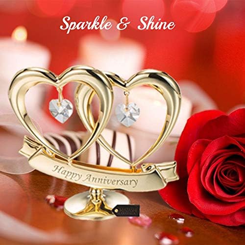 Matashi 24K Gold Plated Anniversary Heart Sculpture with Crystals Double Heart Statue – Perfect Christmas and Holiday Gift and Premium Quality Cake Topper