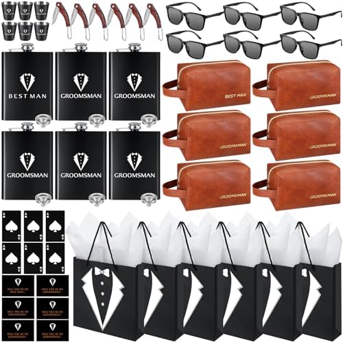60Pcs Groomsmen Gifts Set of 6, Groomsmen Proposal Box with Flasks Sunglasses PU Leather Toiletry Bag Bottle Opener for Wedding Groomsman Best Man Gift