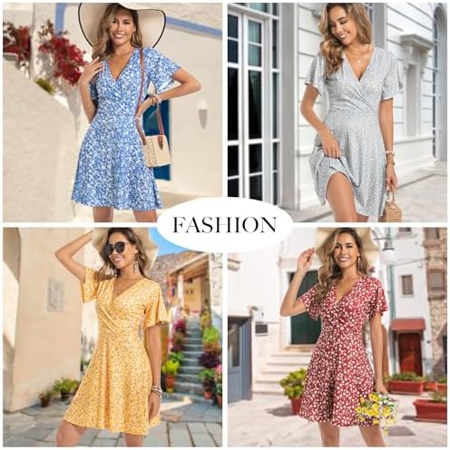 ChongBaiJia 3 Piece Womens Sundresses Summer Floral Short Sleeve Wrap V Neck A-Line Midi Casual Vacation Dresses 2025