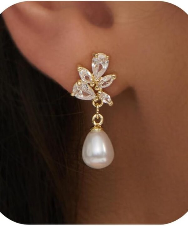 Pearl Earrings: 14k Gold/White Gold/Rose Gold Plated Cubic Zirconia Accented Pearl Drop Dangle Wedding Engagement Earrings For Women Bridal Bridesmaid