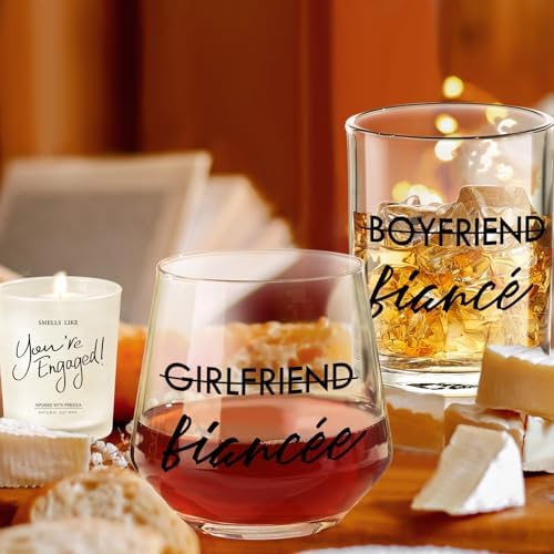 Engagement Gifts for Couples, 10 oz Whiskey and 12 oz Wine Glass Set, Newly Engaged Fiancee & Fiance Gifts for Women, Fade-Resistant, Beautiful Packaging, Proposal Decorations & She Said Yes Present