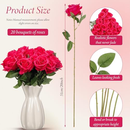 Hotop 20 Pcs Artificial Rose Flowers with Long Stem,Real Touch Silk Realistic Plastic Bouquet Roses Bulk for Home Decor Bridal Wedding Party Table Centerpieces Decorations(Hot Pink)
