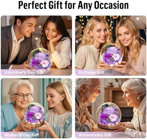 MAMAMIKO Preserved Roses in Glass Dome with LED Light – Long Lasting Real Roses, Forever Flowers for Delivery, Mothers Gifts for Her, Mom, Wife Anniversary Birthday Gifts for Women, Purple