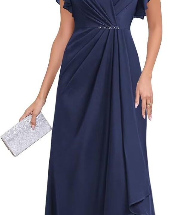 Sparkly Ruffle Sleeves Mother of The Bride Dresses for Women 2025 Long Chiffon V-Neck Pleated Wedding Formal Gown