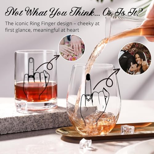 Funny Engagement/Wedding Gift for Couples Ring Finger Wine and Whiskey Glass SetCool Bridal Shower/Bachelorette Gift for Bride Groom, Newlyweds,Just Married,Mr and Mrs for Valentines Day