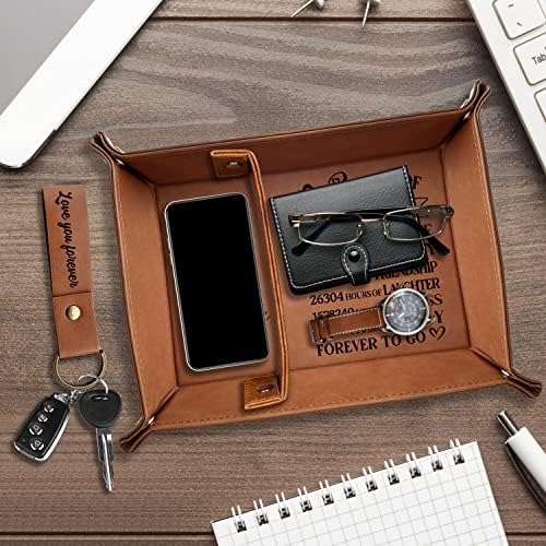 XIKAINUO 3 Years of Marriage Engraved Leather Tray Jewelry Organization with Love You Forever Keychain Includes Dates Breakdown Gift for Couples Husband Wife Birthday Wedding Anniversary